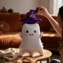 Duh înfulecat cu pălărie de vrăjitor Stând balon Decorare de Halloween Față zâmbitoare Alb și violet Decorațiune pentru petrecerea de Halloween 6