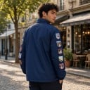 Dunkelblaue Rennjacke mit Aufnähern an den Ärmeln und rot-weißem Streifen vorne mit Stehkragen und elastischen Bündchen unisex 6