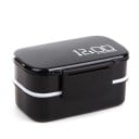 Dvoupatrový plastový bento box na jídlo s přepážkami Lžíce a vidlička v balení Objem 1400 ml Zavírání na sponu 20 x 13 x 10 cm 1