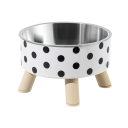 Edelstahl-Schüssel für Katzen und Hunde mit gepunktetem Muster auf Holzbeinen Durchmesser 14 cm Höhe 9 cm Design-Schüssel für Haustiere 1