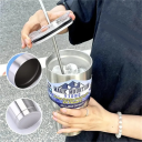 Edelstahl-Thermoskanne 890 ml vakuumisoliert mit Edelstahl-Trinkhalm Tragbare Flasche für heiße und kalte Getränke für die Arbeit und unterwegs 2