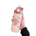Edelstahl-Thermoskanne mit Strohhalm und Knopf 380 ml Vakuumflasche 18 x 6,5 cm hellrosa mit Tiermotiv für unterwegs und zur Schule 2