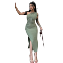 Elegant aftenkjole asymmetrisk snit et-ærmet design bodycon damekjole med høj slids til formelle begivenheder 2