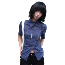 Elegant blå damblus med kort ärm Stilig blus med krage och sned knappslå Bekväm topp i bomull och polyester 5
