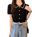 Elegant blus för damer med kort ärm Enfärgad blus i polyester med ränder på kragen och volanger på ärmarna Stilig topp med knappar 5