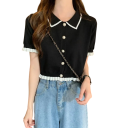 Elegant blus för damer med kort ärm Enfärgad blus i polyester med ränder på kragen och volanger på ärmarna Stilig topp med knappar 9