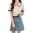 Elegant blus för damer med kort ärm Enfärgad blus i polyester med ränder på kragen och volanger på ärmarna Stilig topp med knappar 14