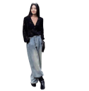 Elegant blus med lång ärm i spets för damer Genomskinlig blus med V-ringning och knappstängning Enfärgad topp i polyester 11