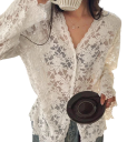 Elegant Bluse i Blonde til Damer med Lange Ærmer Gennemsigtig Bluse med V-Udskæring og Knaplukning Ensfarvet Top i Polyester 12