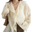 Elegant bluse til damer med flæser og krave Enfarvet skjorte med lange ærmer Snøring med bånd Stilfuld top af nylon og lyocell 3
