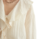 Elegant bluse til damer med flæser og krave Enfarvet skjorte med lange ærmer Snøring med bånd Stilfuld top af nylon og lyocell 4