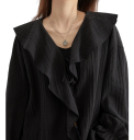 Elegant bluse til damer med flæser og krave Enfarvet skjorte med lange ærmer Snøring med bånd Stilfuld top af nylon og lyocell 6