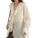 Elegant bluse til damer med flæser og krave Enfarvet skjorte med lange ærmer Snøring med bånd Stilfuld top af nylon og lyocell 7