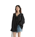Elegant bluse til damer med flæser og krave Enfarvet skjorte med lange ærmer Snøring med bånd Stilfuld top af nylon og lyocell 14