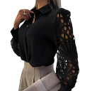 Elegant bluse til damer med lange ærmer Enfarvet skjorte i polyester med blondeærmer og krave Knaplukning Forskellige farver 4