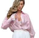 Elegant damblus med krage Utvidade ärmar Knappstängning Stilig blus av viskos spandex och nylon 24
