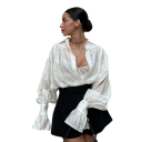 Elegant dame ensfarvet skjorte med krave Udvidede ærmer Knaplukning Stilfuld bluse af viskose, spandex og nylon 5