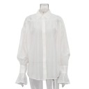 Elegant dame ensfarvet skjorte med krave Udvidede ærmer Knaplukning Stilfuld bluse af viskose, spandex og nylon 18