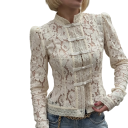 Elegant damebluse i blonder med krave Enfarvet skjorte med knaplukning Stilet top i let polyester til arbejde og fritid 2