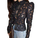 Elegant damebluse i blonder med krave Enfarvet skjorte med knaplukning Stilet top i let polyester til arbejde og fritid 14
