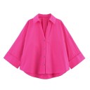 Elegant damebluse med korte ærmer Enfarvet skjorte med krave og knaplukning Let løs top i polyester til arbejde og fritid 16