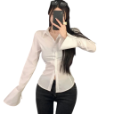 Elegant damebluse med krave Enfarvet bluse med snøring på ryggen Udringede ærmer Stilfuld top i let polyester 4