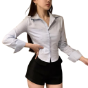 Elegant damebluse med lange ærmer Enfarvet skjorte med krave og lomme på brystet Knaplukning Let top af polyester 3
