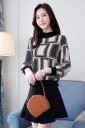 Elegant Ladies' Blouse with Long Sleeves and Checked Pattern Black Frills on Collar and Sleeves Metal Embellishment Polyester and Spandex 3