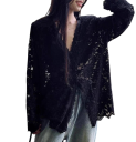 Elegant Ladies' Lace Long Sleeve Shirt Transparent Blouse with V-Neck and Button Closure Solid Colour Top Made of Polyester 5