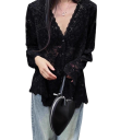 Elegant Ladies' Lace Long Sleeve Shirt Transparent Blouse with V-Neck and Button Closure Solid Colour Top Made of Polyester 8