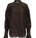 Elegant Ladies' Sheer Long-Sleeve Shirt Solid Colour Polyester Blouse with Flared Sleeves and Collar Stylish Button-Up Top 5