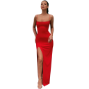 Elegant lang kjole med tynde stropper Bodycon-snit Høj slids Firkantet halsudskæring Minimalistisk aftenoutfit til fest 2