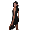 Elegant Mini Dress Without Sleeves with High Collar Asymmetrical Hem Gathered Detail Long Flowing Tail Fitted Cut Evening Dress 4