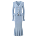 Elegant Ribbed Knit Dress with Gold Buttons V-Neck Long Sleeves Ruffled Hem Formal Knitted Dress for Autumn and Spring 4