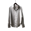 Elegant satinblus för damer med krage Löst snitt med knappar Enfärgad blus i polyester Stilig topp för arbete och fritid 15