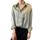 Elegant satinblus för damer med krage Löst snitt med knappar Enfärgad blus i polyester Stilig topp för arbete och fritid 17