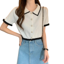 Elegant skjorte til damer med korte ærmer Enfarvet bluse i polyester med striber på kraven og flæser på ærmerne Stilfuld top med knapper 6