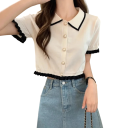Elegant skjorte til damer med korte ærmer Enfarvet bluse i polyester med striber på kraven og flæser på ærmerne Stilfuld top med knapper 8