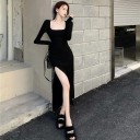 Elegant sort, tætsiddende kjole med lange ærmer Firkantet halsudskæring Høj slids Dameaftenkjole Til bal eller formel mode 1