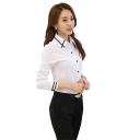 Elegant Women's Long Sleeve Shirt Solid Colour Blouse in Polyester with Stripes on the Sleeves and Collar Stylish Top with Button Fastening 6