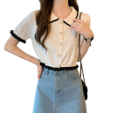 Elegant Women's Short-Sleeved Shirt Plain Blouse Made of Polyester with Stripes on the Collar and Ruffles on the Sleeves Stylish Button-Up Top 6