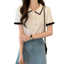 Elegant Women's Short-Sleeved Shirt Plain Blouse Made of Polyester with Stripes on the Collar and Ruffles on the Sleeves Stylish Button-Up Top 13