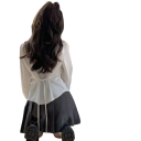 Elegante camicia bianca da donna con maniche lunghe Top monocolore con colletto e lacci sul retro Top alla moda in cotone e poliestere 1