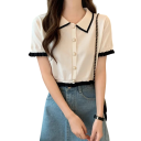 Elegante camicia da donna con maniche corte Blusa monocolore in poliestere con righe sul colletto e volant sulle maniche Top alla moda con bottoni 10