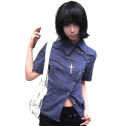 Elegante Damenbluse in Blau mit kurzen Ärmeln Stylische Bluse mit Kragen und asymmetrischer Knopfleiste Bequemer Top aus Baumwolle und Polyester 6