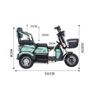 Elektrická tříkolka se dvěma sedátky Motor 1000 W Rychlost 20 km/h Dojezd 45 km Baterie 60 V 20 Ah Rozměry 151 x 66 x 102 cm Do města 5