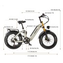 Elektrické kolo Motor 1000 W Rychlost 45 km/h Baterie 48 V 20 Ah Pneumatiky 20 palců Odpružení Kotoučové brzdy Béžové Rozměry 173 x 109 cm 3