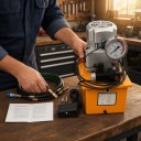 Elektriskt hydrauliskt pump 750 W 10000 PSI 70 MPa Enkelt med manuell ventil och pedal Tank 7 l Stål gul För verkstad och service 10
