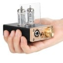 Elektronkový sluchátkový zesilovač a stereo HiFi předzesilovač 1100 mW, 3,5/6,35 mm, RCA, elektronky 6A2, kovový, černo-zlatý, stolní audio 4