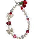 Encantador collar de cuentas para teléfono con cerezas Llavero de muñeca Pulsera de perlas para móvil Llavero con corazones y lazo rojo blanco 2